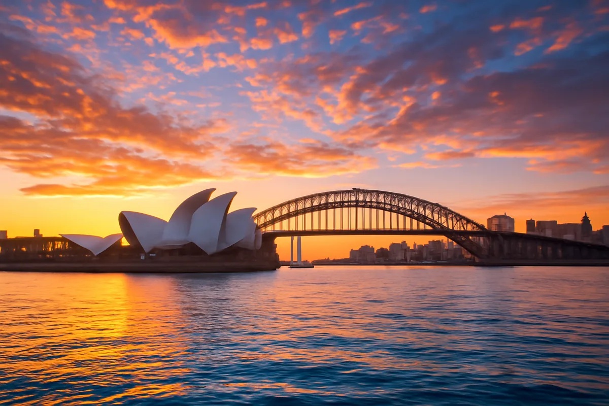 Sydney Opera House and Harbour Bridge at sunset with golden hour lighting reflecting on the harbour waters