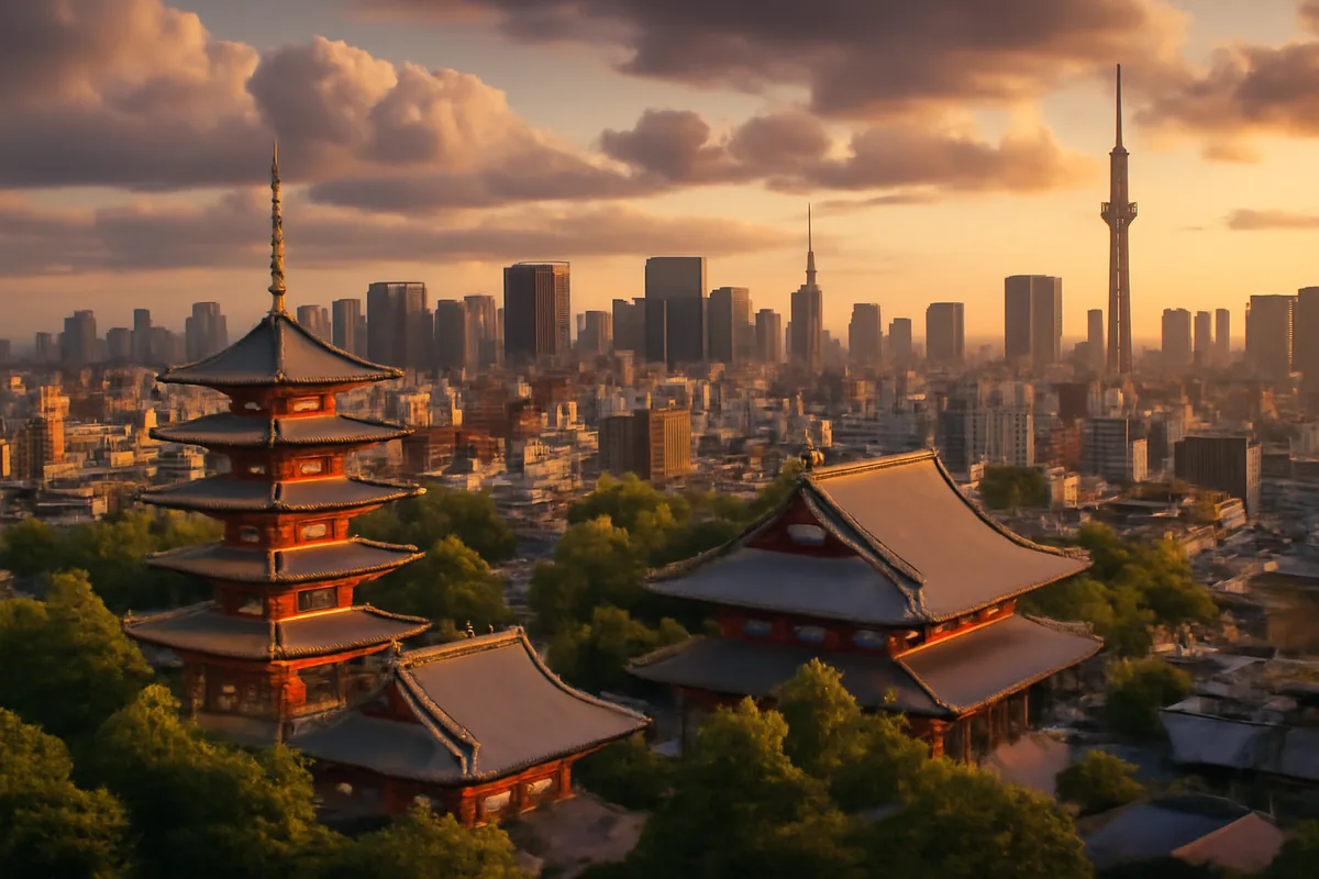 Aerial panoramic view of Tokyo's cityscape at golden hour, blending traditional Japanese temples with modern skyscrapers under a warm, glowing sky