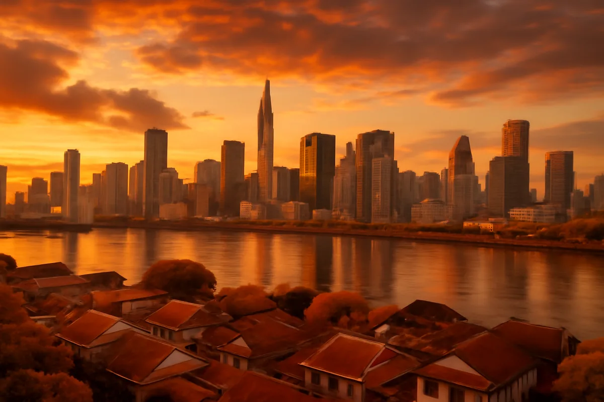 A breathtaking golden hour panorama of a Southeast Asian city skyline reflected in calm harbor waters, with a mix of modern and traditional architecture bathed in warm amber light