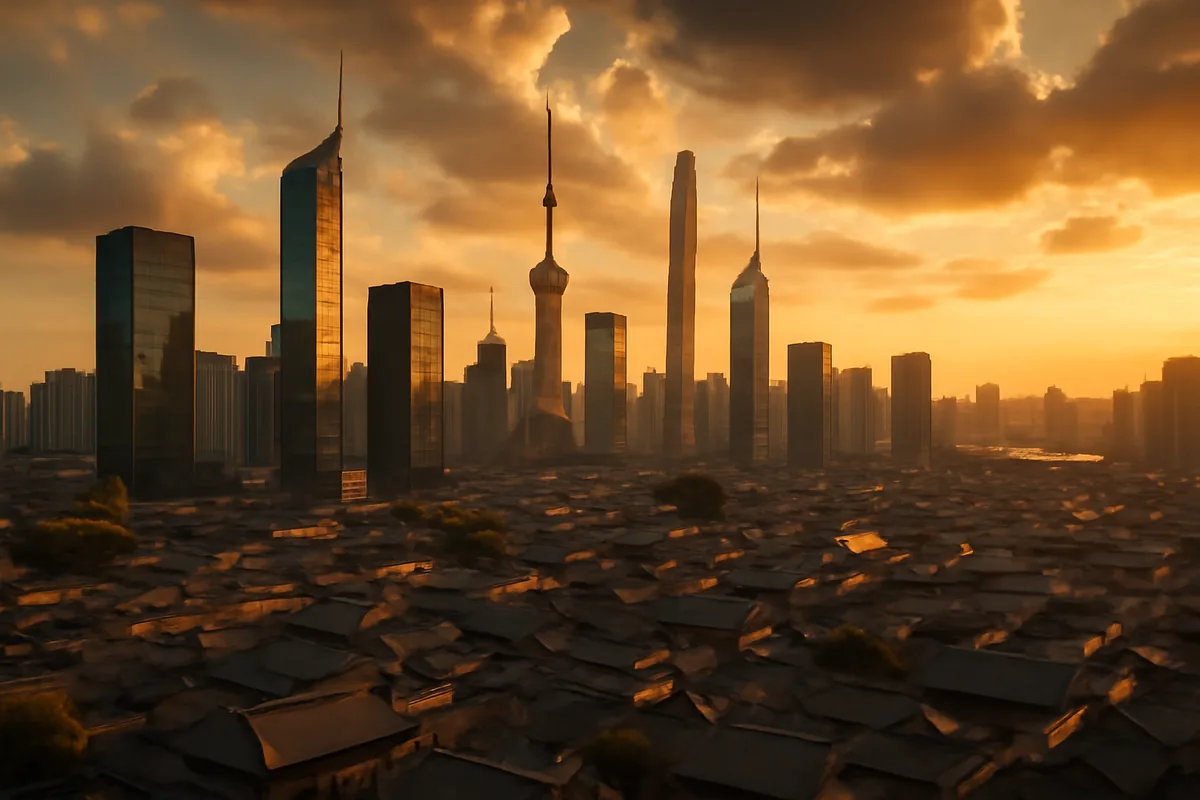 Panoramic aerial view of an Asian city skyline at golden hour, with modern skyscrapers and traditional architecture bathed in warm amber light