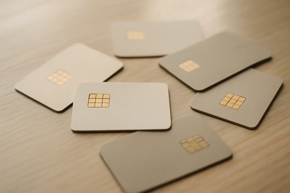 Several small SIM cards arranged on a wooden desk surface in soft natural lighting, representing mobile connectivity and carrier switching in Japan