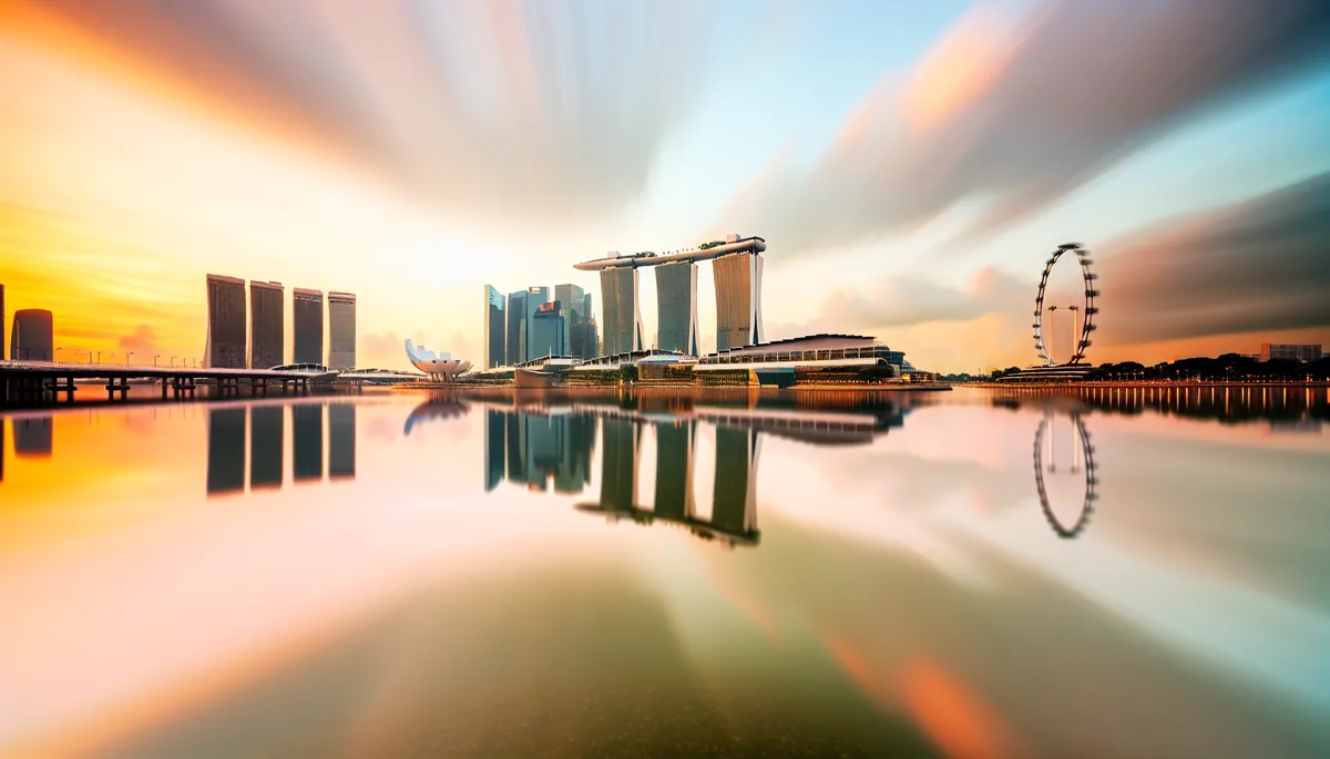 Singapore's iconic Marina Bay Sands hotel and city skyline reflected in calm waters during golden hour sunset