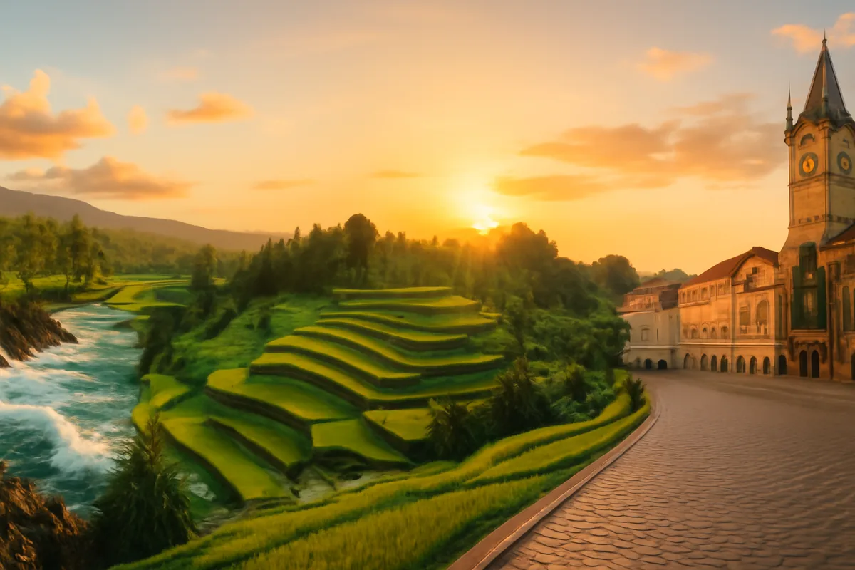 A stunning panoramic view of popular Japanese summer travel destinations including tropical Hawaiian coastline, lush Balinese rice terraces, and a charming European plaza bathed in golden hour light