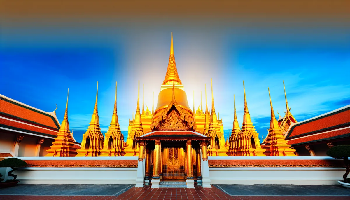 Beautiful golden Buddhist temple in Thailand with ornate traditional architecture and spires against a clear blue sky
