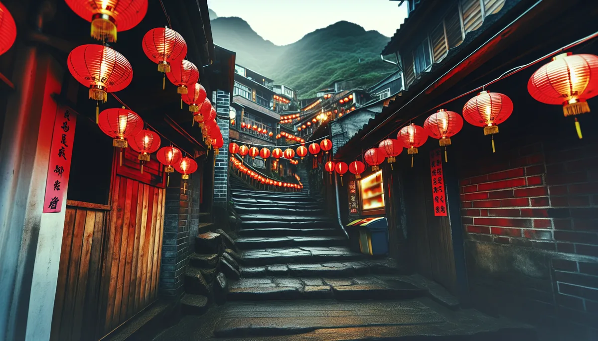 Traditional red lanterns illuminating the historic stone steps of Jiufen old street in Taiwan, with traditional architecture and misty mountain atmosphere