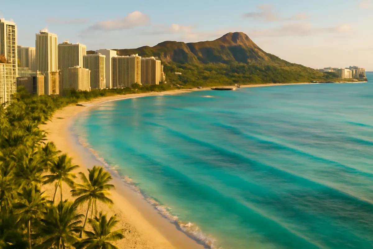 Aerial panoramic view of Waikiki Beach in Hawaii with turquoise waters, golden sand, palm trees, and Diamond Head crater under warm golden hour light