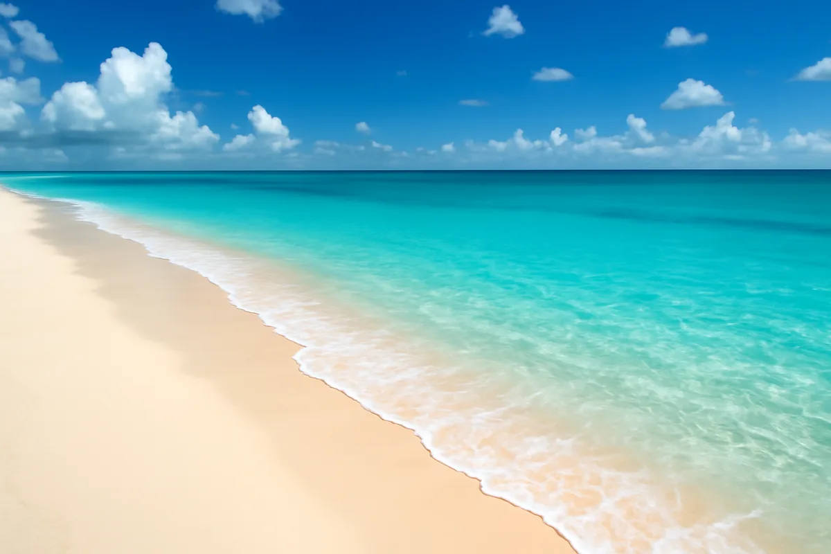 Panoramic view of Grace Bay beach in Turks and Caicos Islands, featuring pristine white sand, turquoise Caribbean waters, and a clear blue sky with a distant sailboat on the horizon.