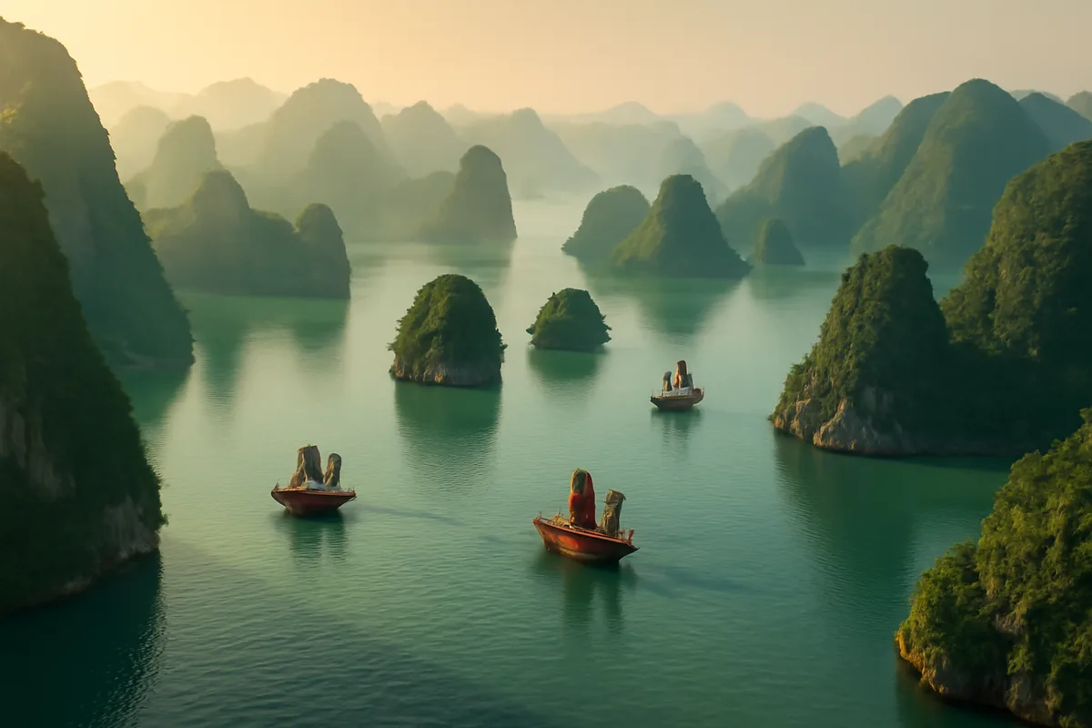 Aerial panoramic view of Ha Long Bay, Vietnam, featuring dramatic limestone karst islands emerging from emerald waters with traditional wooden boats sailing in the morning mist